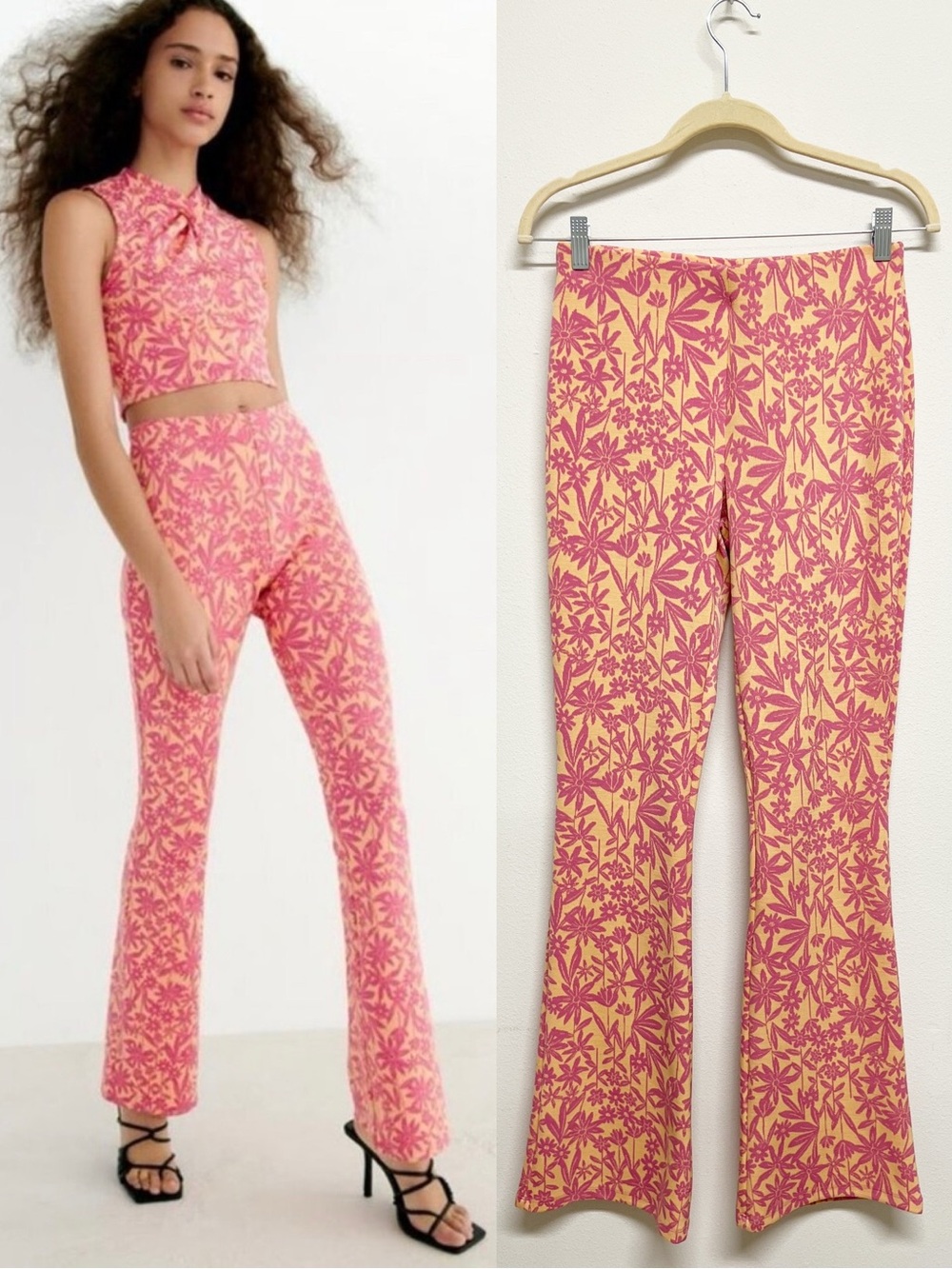 Zara Womens Orange and Pink Floral Retro Print Flared Jacquard Knit Leggings - Picture 8 of 8